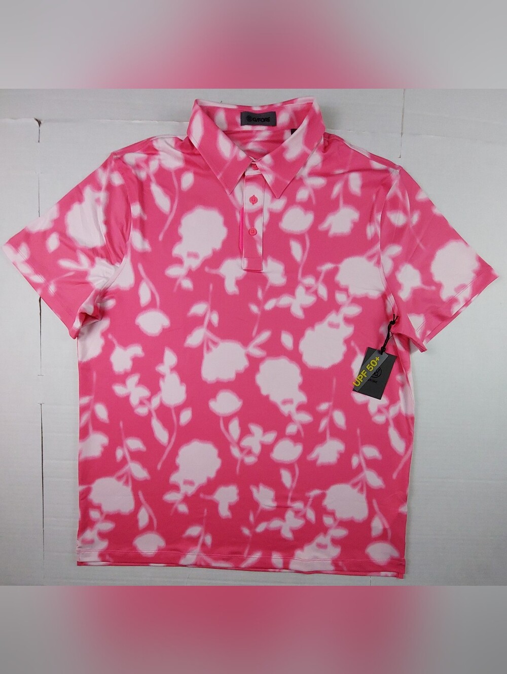 G/Fore Short Sleeve Polo Golf Shirt Mens XL Pink Blur Floral Tech NWT $110.00